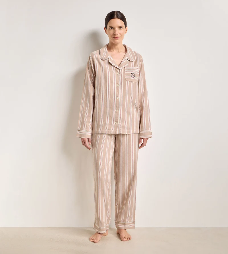 DIM x Ines de la Fressange Damen-Pyjama-Set aus gestreiftem Flanell in Braun und Beige