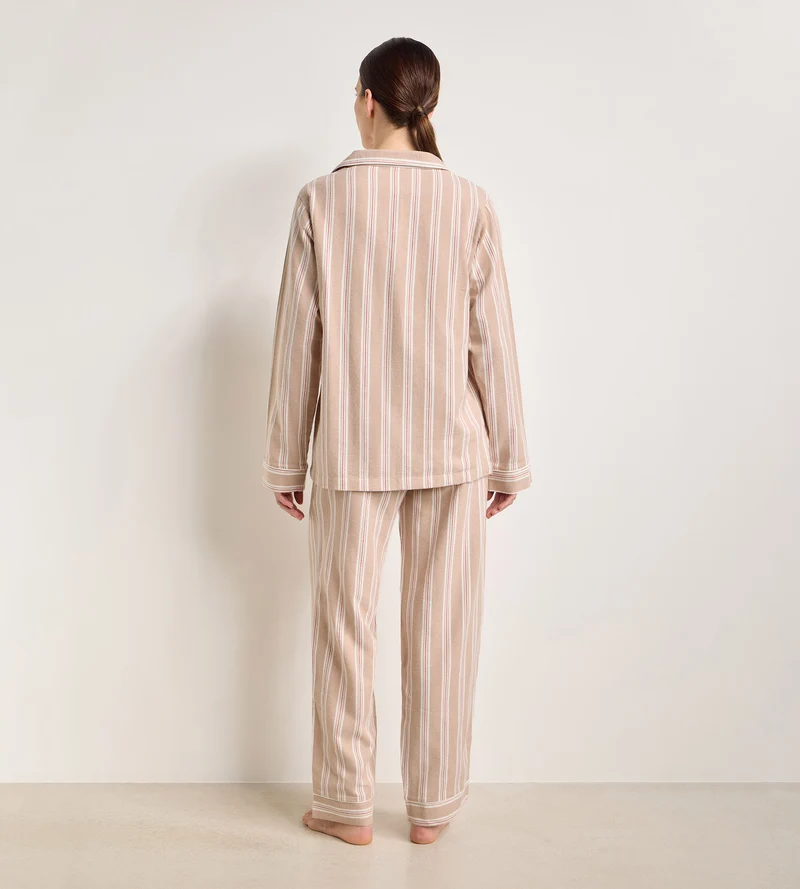 DIM x Ines de la Fressange Damen-Pyjama-Set aus gestreiftem Flanell in Braun und Beige