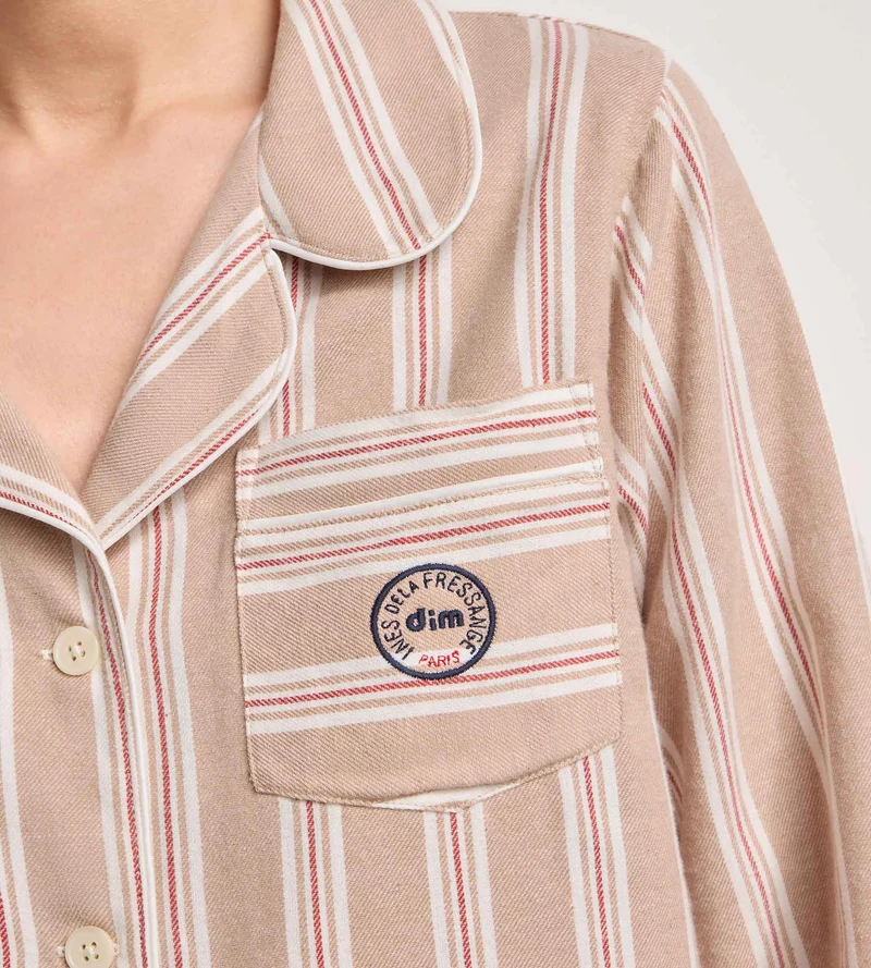 DIM x Ines de la Fressange Damen-Pyjama-Set aus gestreiftem Flanell in Braun und Beige