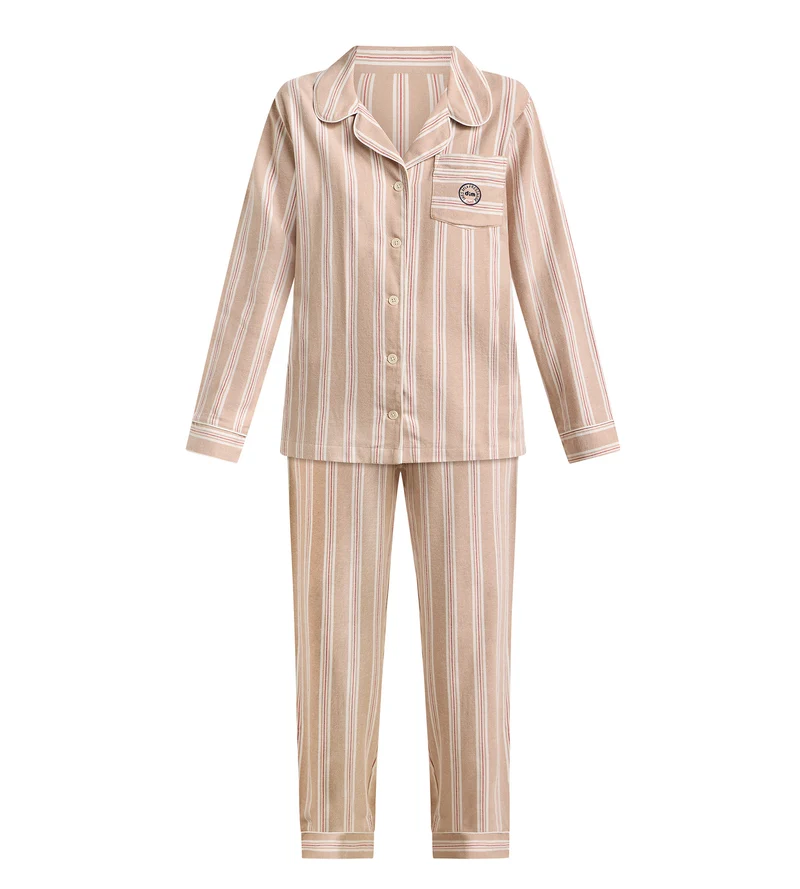 DIM x Ines de la Fressange Damen-Pyjama-Set aus gestreiftem Flanell in Braun und Beige