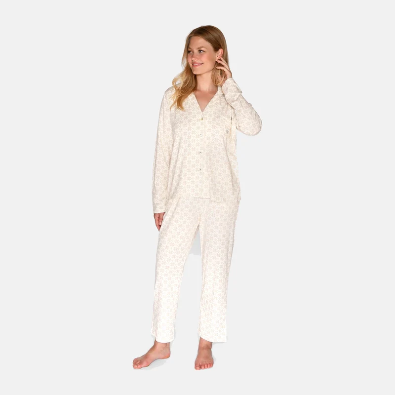 Bambus-Nachthemdbluse in Sand mit Print