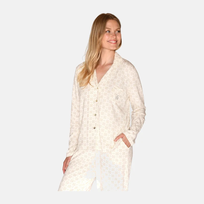 Bambus-Nachthemdbluse in Sand mit Print