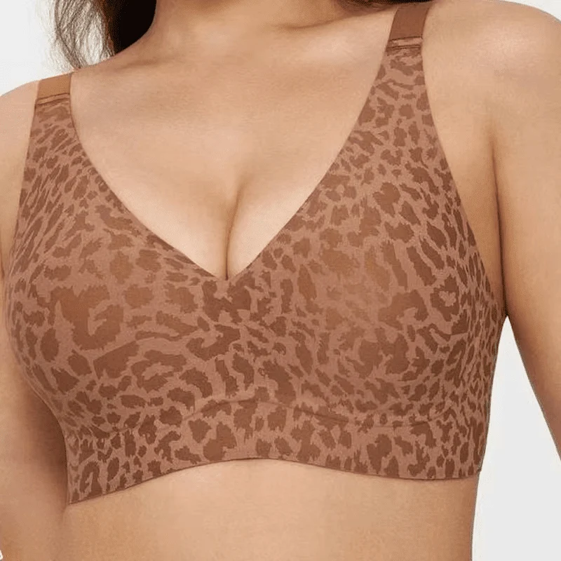 Leopard Khaki Jelly BH, kabellos, bequem, Push-up-BH, nahtlos, tiefer V-Ausschnitt am Rücken, Alltags-BH