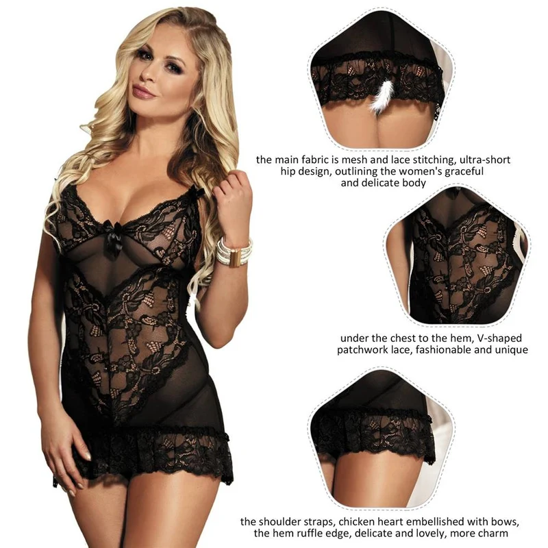 Schwarzes Babydoll- und String-Set aus Spitze und Mesh mit V-Ausschnitt