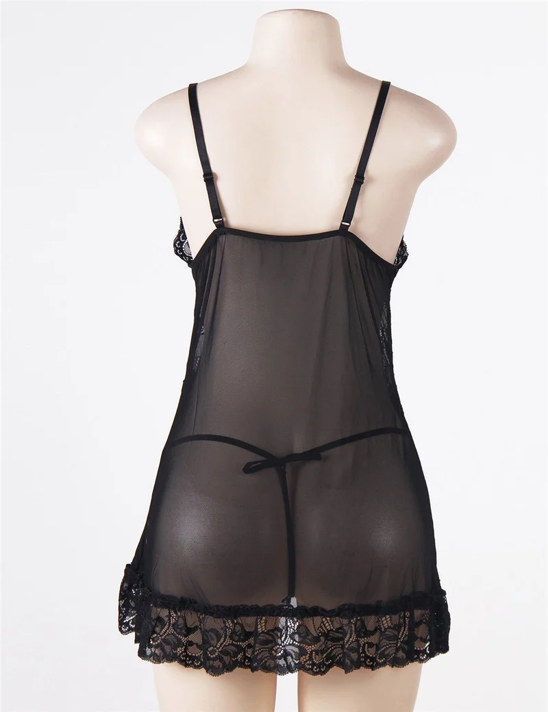 Schwarzes Babydoll- und String-Set aus Spitze und Mesh mit V-Ausschnitt