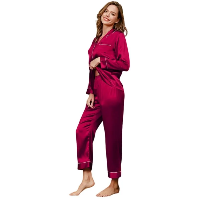 Hellblaues, langes Premium-Seidenpyjama-Set