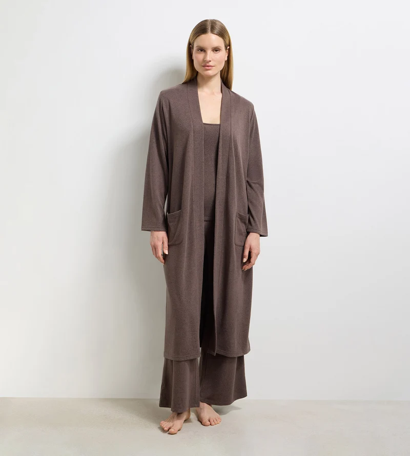 Langer Cardigan aus feinem dunkelbraunem Jersey von DIM x Ines de la Fressange