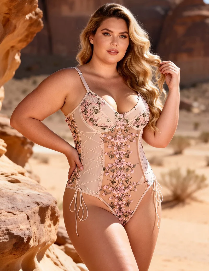 Zartrosa bestickter Mesh-Teddy – mit Bügel-BH, 3D-Stickerei, überkreuzter Taille und verstellbarem Schritt