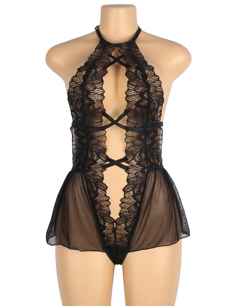 Schwarzer Neckholder-Teddy aus floralem Mesh und Spitze – Tiefer Ausschnitt, rückenfrei, Rüschensaum und verstellbare Träger