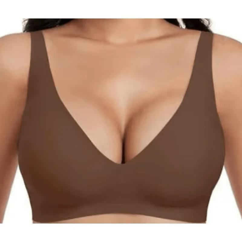 Brauner Jelly-BH, kabellos, bequem, Push-up-Bralette, nahtlos, tiefer V-Ausschnitt am Rücken, Alltags-BH