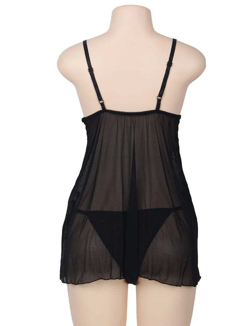 Schwarzes, durchsichtiges Babydoll-Dessous-Set aus Mesh