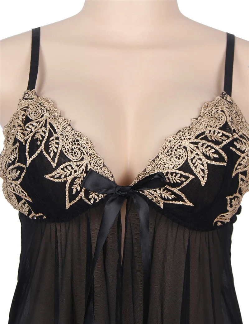 Schwarzes, durchsichtiges Babydoll-Dessous-Set aus Mesh