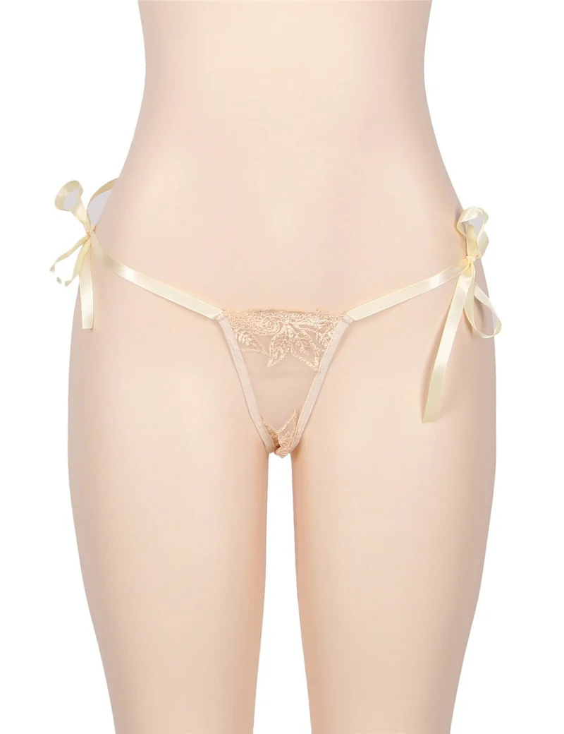 Beiges, durchsichtiges Babydoll- und G-String-Set aus Netzstoff