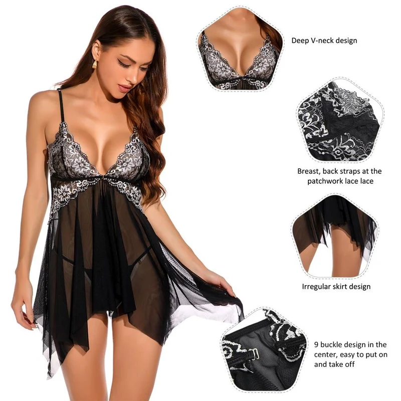 Schwarzes, transparentes Babydoll mit Spitzenbesatz und asymmetrischem Rocksaum