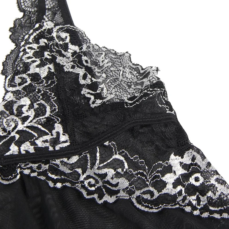 Schwarzes, transparentes Babydoll mit Spitzenbesatz und asymmetrischem Rocksaum