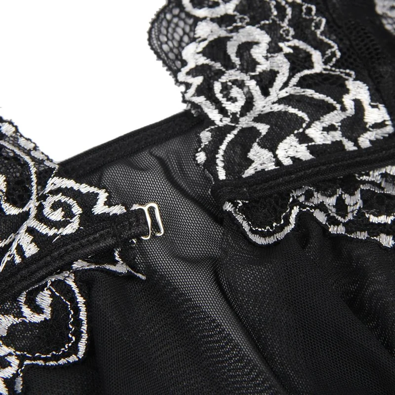 Schwarzes, transparentes Babydoll mit Spitzenbesatz und asymmetrischem Rocksaum