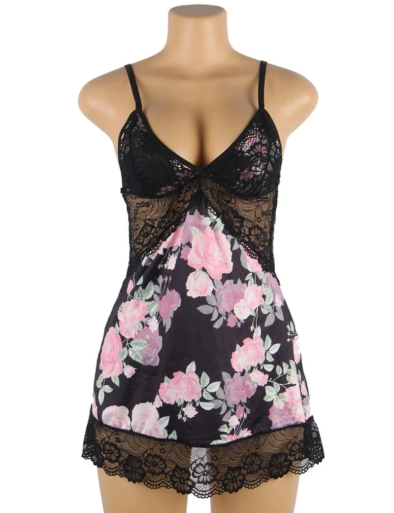 Babydoll mit Blumenmuster und Schnürung (ohne Bügel)