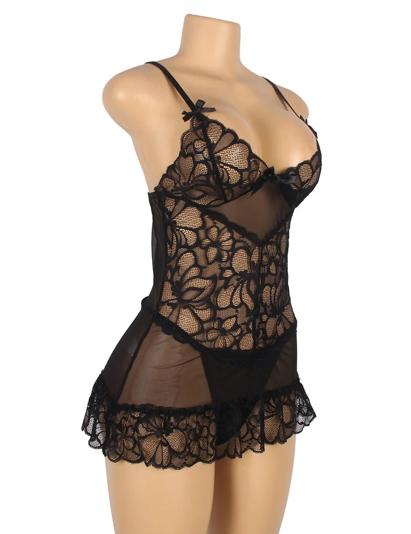 Schwarzes, transparentes Babydoll aus Mesh und Spitze mit V-Ausschnitt aus Spitze, Schleifendetail und gewelltem Saum