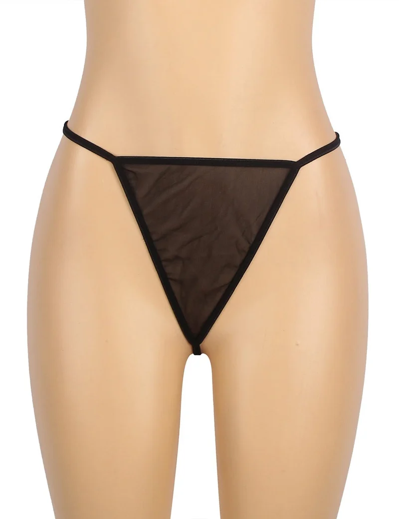 Schwarzes, transparentes Babydoll aus Mesh und Spitze mit V-Ausschnitt aus Spitze, Schleifendetail und gewelltem Saum