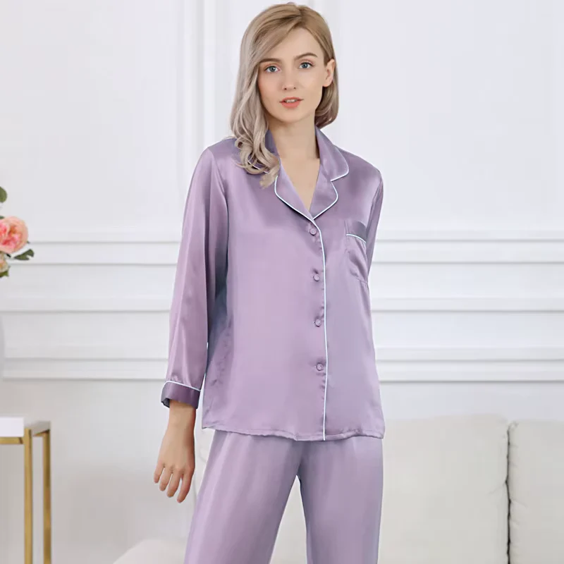 Lavendelviolett - Langes Premium-Seidenpyjama-Set
