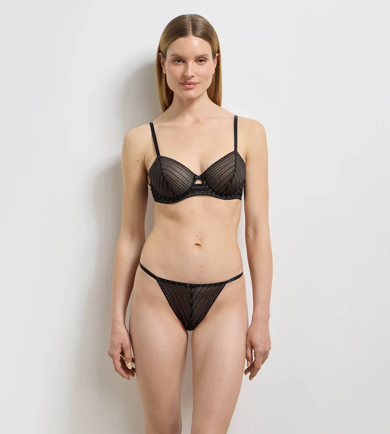 Schwarz gestreifter Brazilian-Slip „Holiday“ aus Spitze