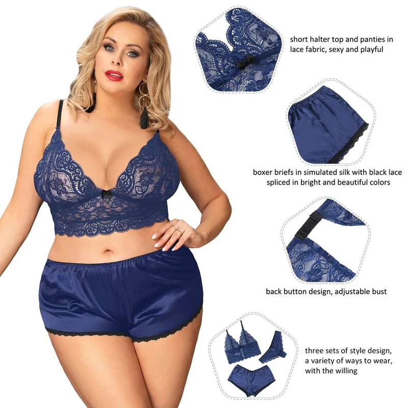 Set aus hellblauem, satiniertem Spitzen-Camisole und Höschen – Nachtwäsche