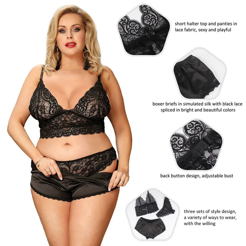 Schwarzes Spitzen-Camisole- und Höschen-Set – Nachtwäsche