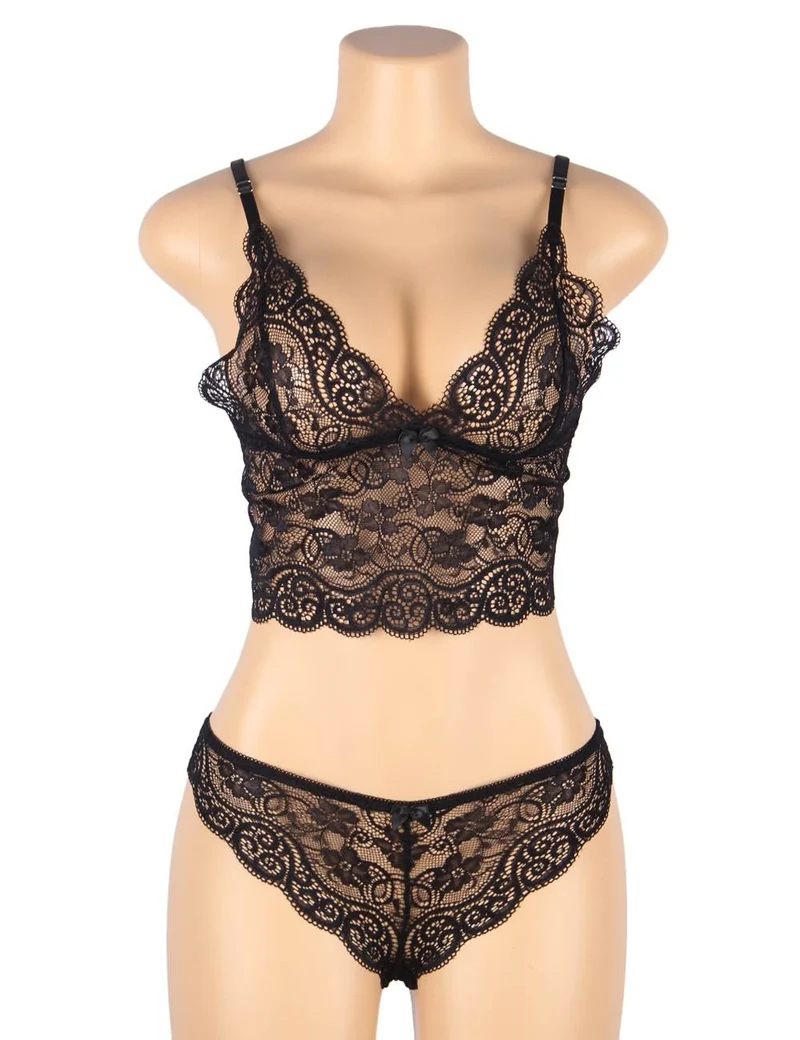 Schwarzes Spitzen-Camisole- und Höschen-Set – Nachtwäsche