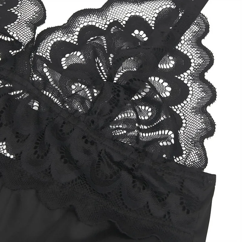 Schwarzes Babydoll mit Blumenmuster und Spitze – Haken- und Ösenverschluss am Rücken, Übergröße