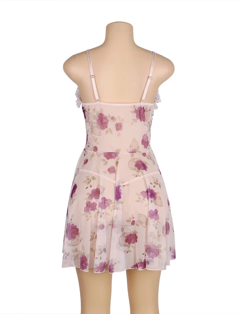 Transparentes Babydoll mit lila Blumenmuster und passendem G-String-Set