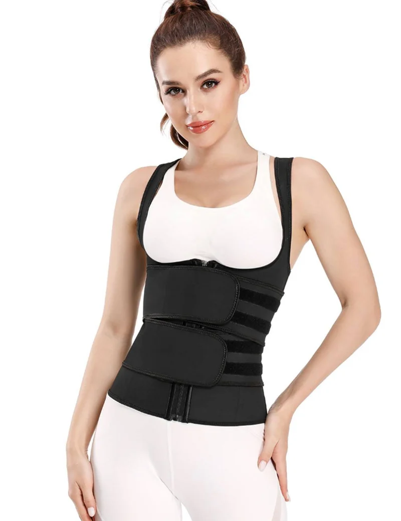 Schwarze Latex-Taillenformer-Weste – Reißverschluss, Doppelgürtel & 9 Stahlstäbe