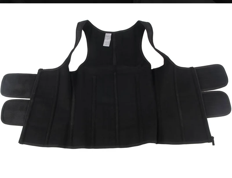 Schwarze Latex-Taillenformer-Weste – Reißverschluss, Doppelgürtel & 9 Stahlstäbe