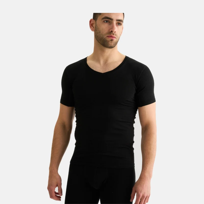 Schwarzes Bambus-Anti-Schweiß-T-Shirt mit V-Ausschnitt