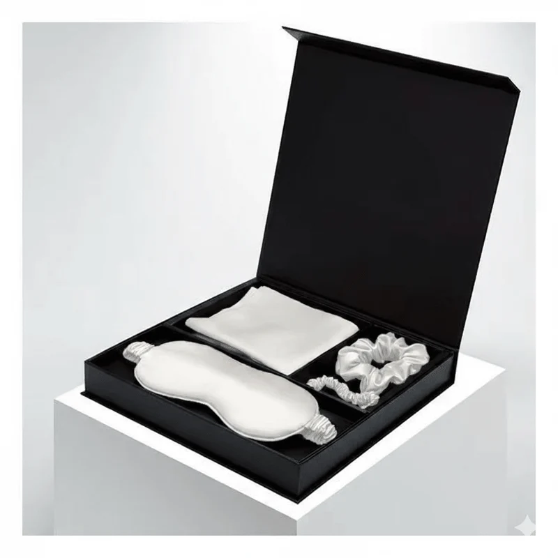 Weißes Luxus-Geschenkset aus 100 % Maulbeerseide: Kissenbezug, Schlafmaske, Schlafmaske und Haargummis