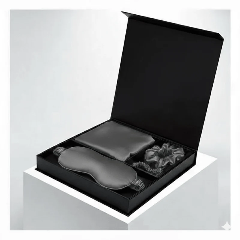 Graues Luxus-Geschenkset aus 100 % Maulbeerseide: Kissenbezug, Schlafmaske, Schlafmaske und Haargummis