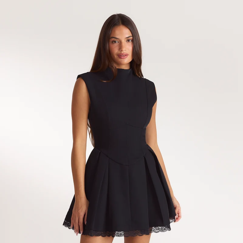 Pleated Cinched Mini Dress - Black