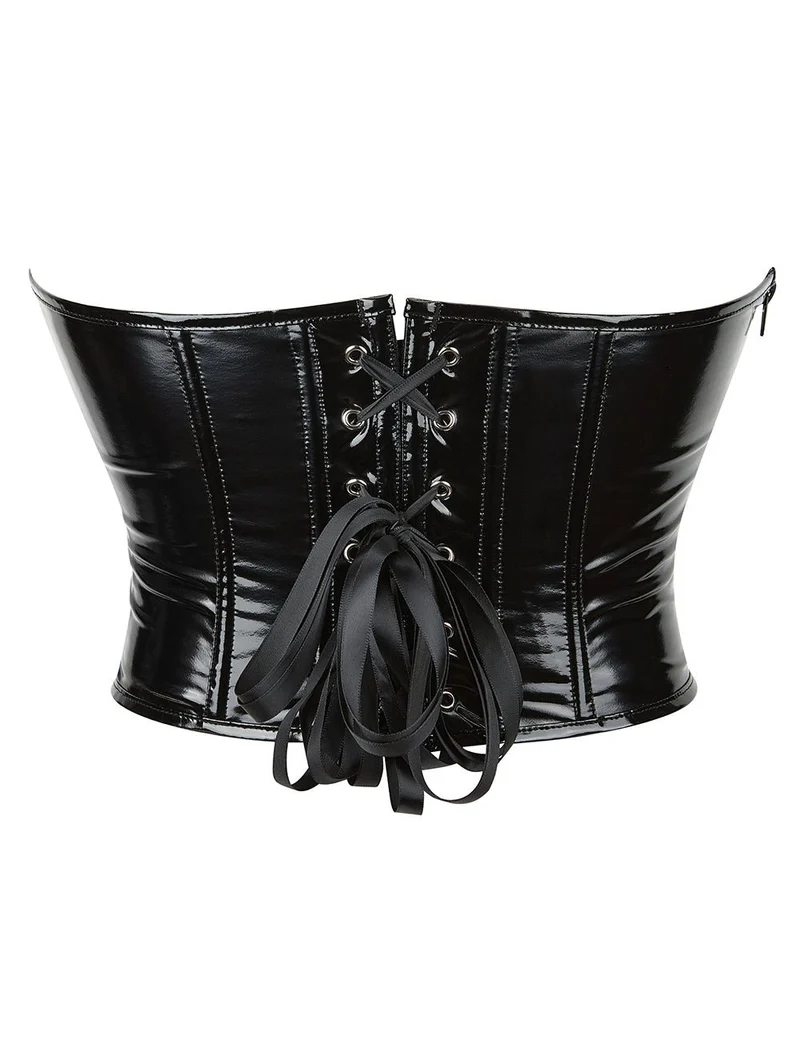 Schwarzer Lackleder-Body – Asymmetrisch, gekreuzter Rücken und 9 Stäbe