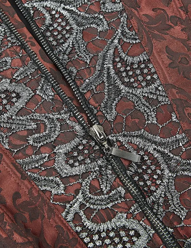 Braunes Jacquard-Korsett – Stickerei, Seitenfalten & 12 Stahlstäbe