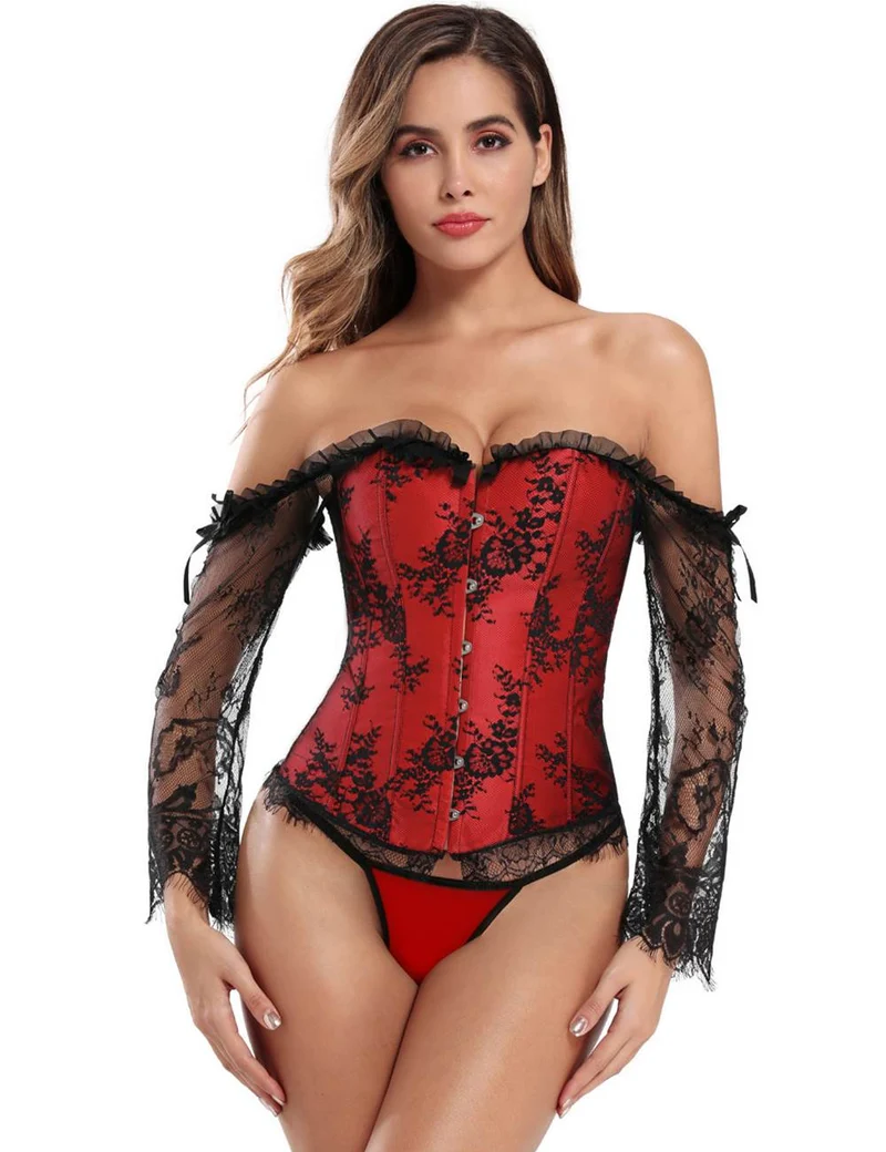 Roter schulterfreier Body aus Satin und Spitze – Rüschen, Schleifen und 12 Stäbchen