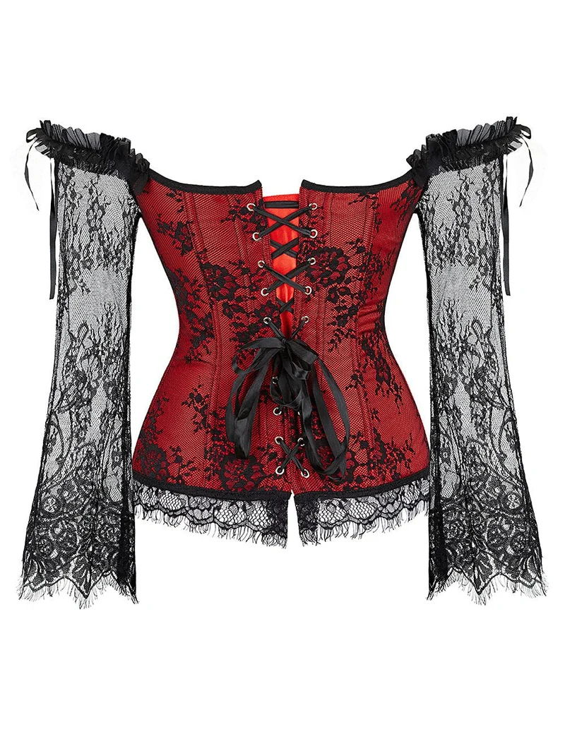 Roter schulterfreier Body aus Satin und Spitze – Rüschen, Schleifen und 12 Stäbchen