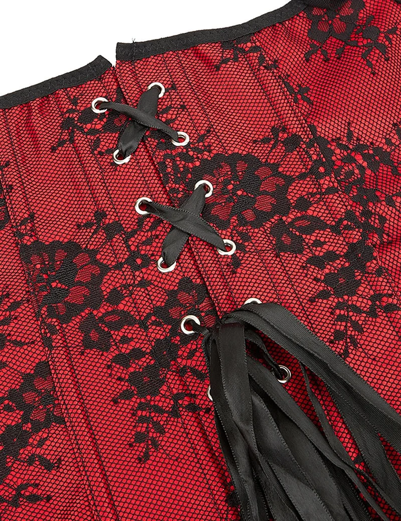 Roter schulterfreier Body aus Satin und Spitze – Rüschen, Schleifen und 12 Stäbchen
