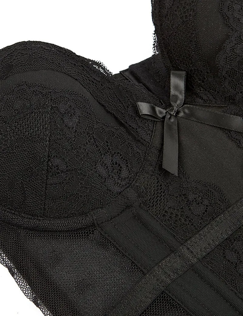 Schwarzes Satin- und Spitzenkorsett – mit Stahlstäben, Strumpfhaltern und 8 Stäben