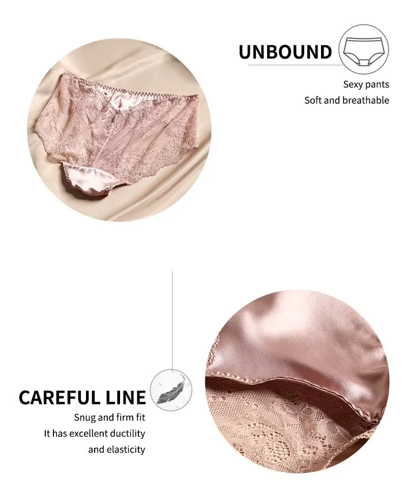 Eleganter, weißer Seidenslip mit französischem Spitzenrand und floralem Muster für weichen Tragekomfort und femininen Luxus im Alltag.