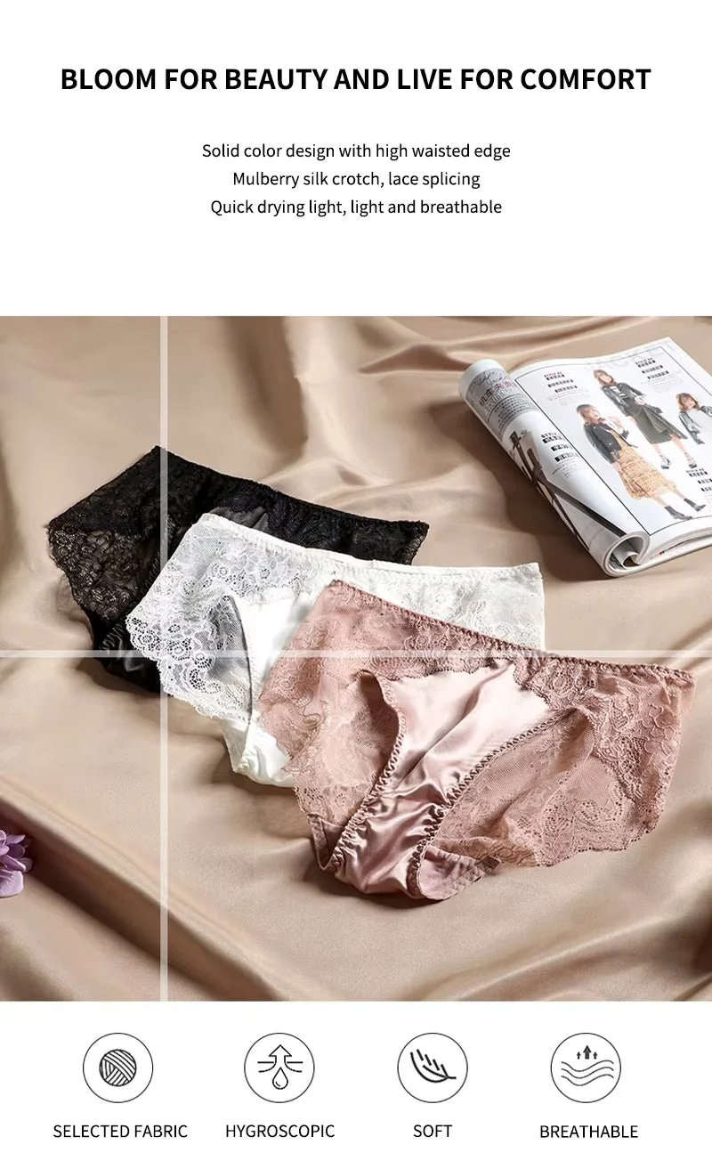 Eleganter, weißer Seidenslip mit französischem Spitzenrand und floralem Muster für weichen Tragekomfort und femininen Luxus im Alltag.