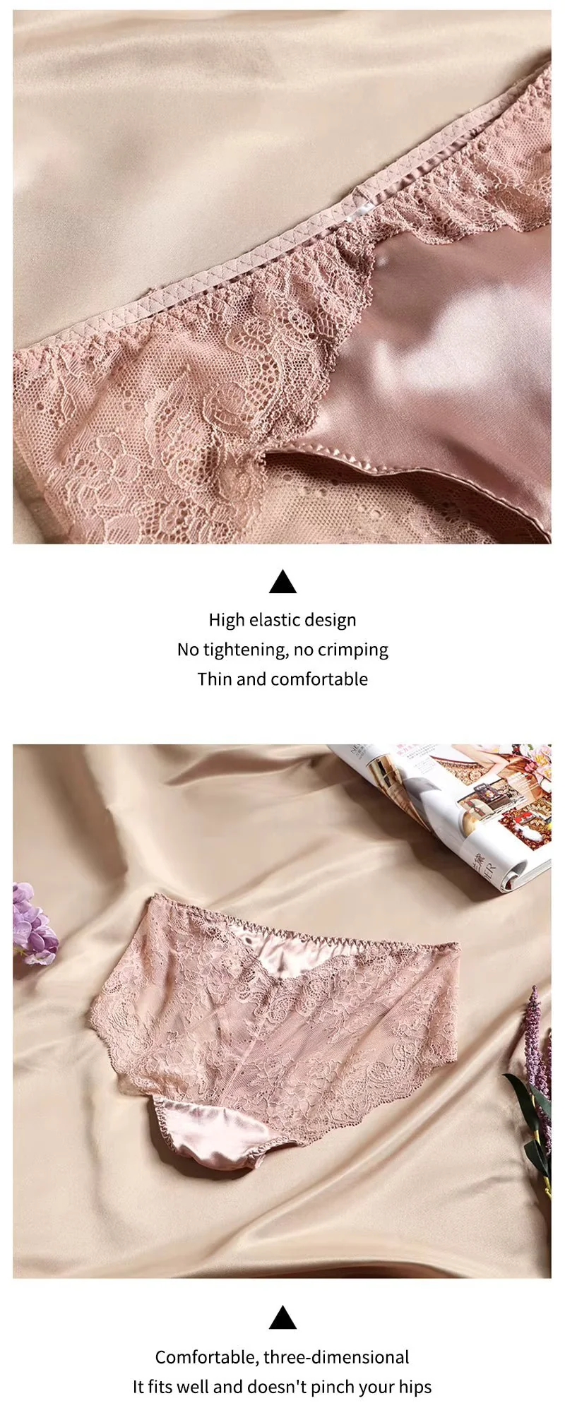 Eleganter, weißer Seidenslip mit französischem Spitzenrand und floralem Muster für weichen Tragekomfort und femininen Luxus im Alltag.
