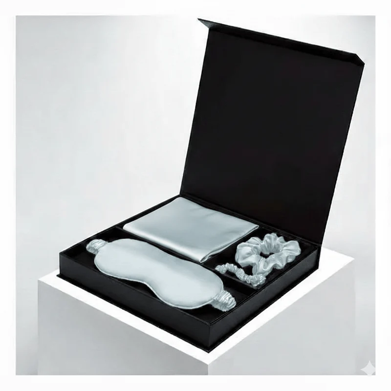 Blaues Luxus-Geschenkset aus 100 % Maulbeerseide: Kissenbezug, Schlafmaske, Schlafmaske und Haargummis