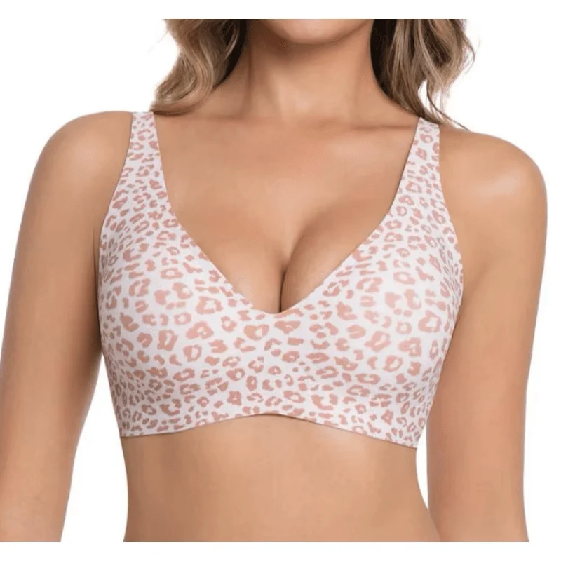 Leopardenrosa Jelly-BH, kabellos, bequem, Push-up-BH, nahtlos, tiefer V-Ausschnitt am Rücken, Alltags-BH
