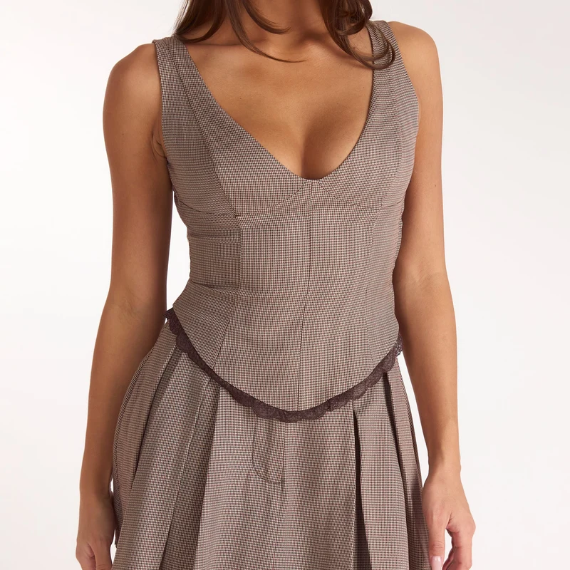 Cinched V-Neck Top - Brown Check