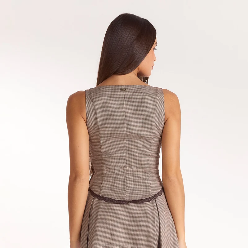 Cinched V-Neck Top - Brown Check