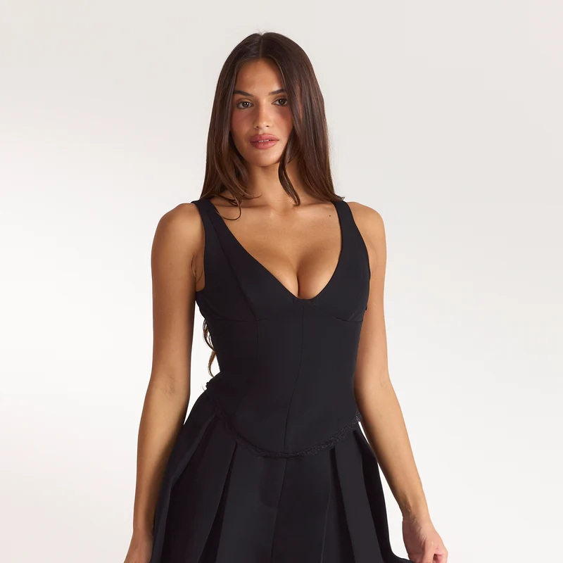 Cinched V-Neck Top - Black